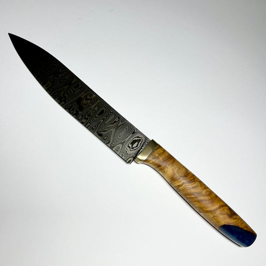 Damastmesser handgeschmiedet – Unikat mit Griff aus Olivenholz & blauer Harzeinlage